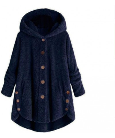 Winter Fleece Jackets For Women With Hood Plus Size Sherpa Hoodies Warm Button Down Lightweight Fuzzy Overcoat Tops B04-navy ...