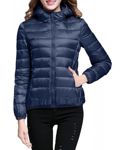 Women's Packable Puffer Jacket Ultra Lightweight Outerwear Hooded Raincoat Waterproof Winter Warm Slim Duck Down Coat 002-nav...