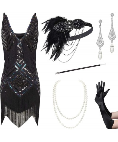 Women's 1920s Flapper Dress V Neck Slip Dress Roaring 20s Great Gatsby Dress for Party 2 Set - Black $26.95 Dresses