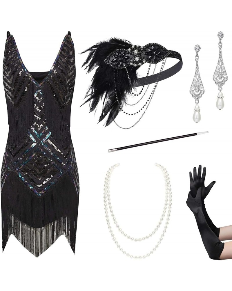 Women's 1920s Flapper Dress V Neck Slip Dress Roaring 20s Great Gatsby Dress for Party 2 Set - Black $26.95 Dresses