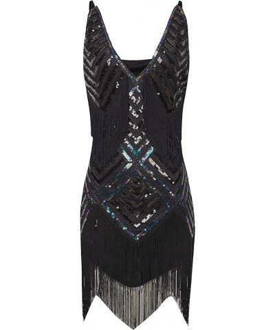 Women's 1920s Flapper Dress V Neck Slip Dress Roaring 20s Great Gatsby Dress for Party 2 Set - Black $26.95 Dresses