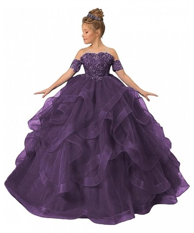 Tulle Flower Girl Dresses for Wedding Lace Applique Princess Ruffles Pageant Dress Long Party Ball Gown Plum $35.25 Dresses