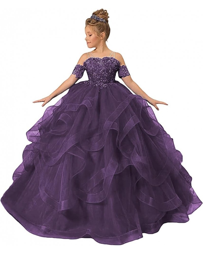 Tulle Flower Girl Dresses for Wedding Lace Applique Princess Ruffles Pageant Dress Long Party Ball Gown Plum $35.25 Dresses