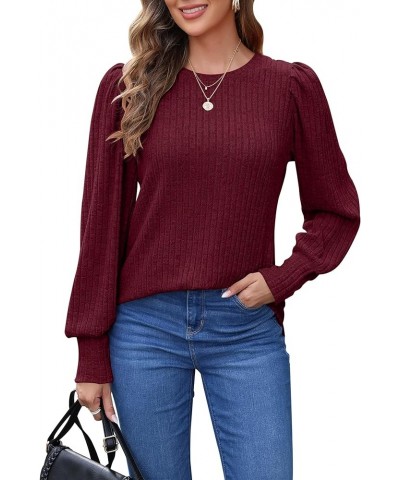 Women's Puff Long Sleeve Tops Lightweight Crewneck Plus Size Tunic Shirts M-4XL Wine Red $15.25 Tops