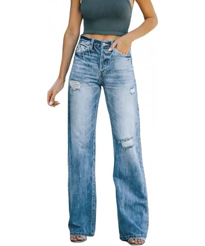 Medium Jeans Women Stretchy High Waisted Straight Trousers Ripped Casual Straight Women's Boot Cut Denim Jeans Blue $15.35 Jeans