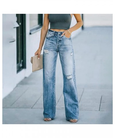 Medium Jeans Women Stretchy High Waisted Straight Trousers Ripped Casual Straight Women's Boot Cut Denim Jeans Blue $15.35 Jeans