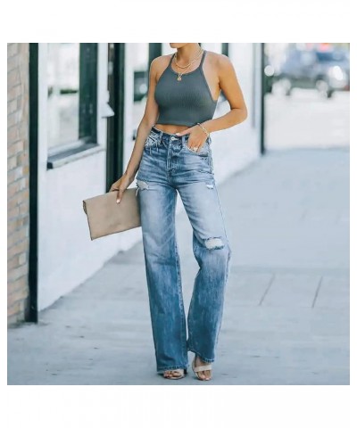 Medium Jeans Women Stretchy High Waisted Straight Trousers Ripped Casual Straight Women's Boot Cut Denim Jeans Blue $15.35 Jeans