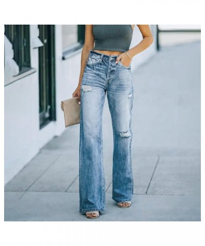 Medium Jeans Women Stretchy High Waisted Straight Trousers Ripped Casual Straight Women's Boot Cut Denim Jeans Blue $15.35 Jeans