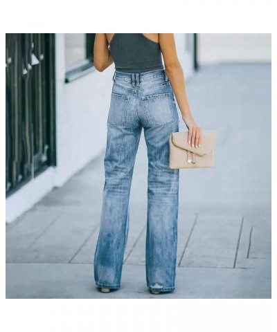 Medium Jeans Women Stretchy High Waisted Straight Trousers Ripped Casual Straight Women's Boot Cut Denim Jeans Blue $15.35 Jeans