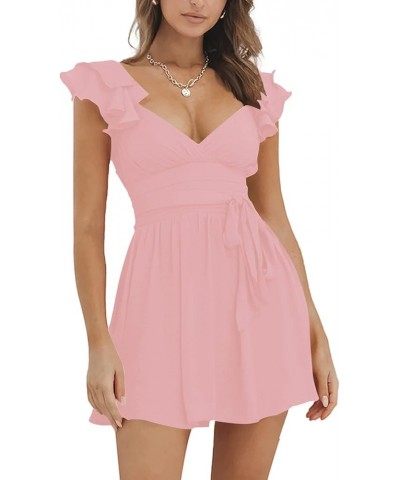 Women's Wrap Deep V Neck Ruffle Cap Sleeve Tie Waist Sexy Swing Skater Mini Dress Solid Pink $15.96 Dresses