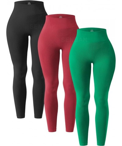 Women's 3 Pack Seamless Leggings High Waist Ribbed Workout Gym Athletic Yoga Pants Black Claret Green $16.37 Leggings