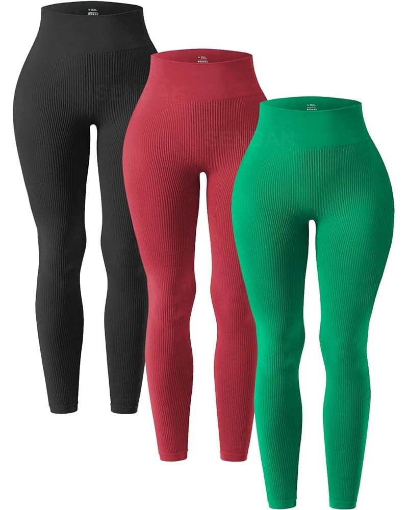 Women's 3 Pack Seamless Leggings High Waist Ribbed Workout Gym Athletic Yoga Pants Black Claret Green $16.37 Leggings