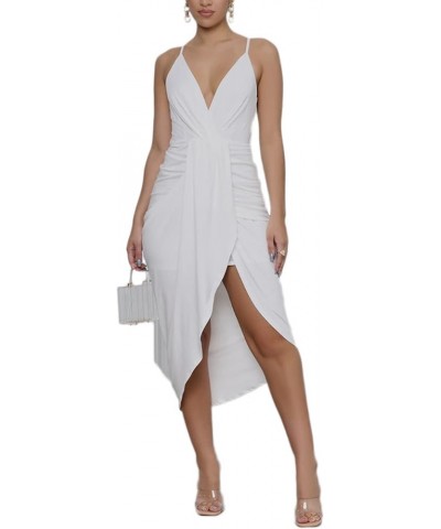 Women's V Neck Ruched Wrap Slit Hem Sleeveless Spaghetti Strap Midi Bodycon Dress White $19.14 Dresses