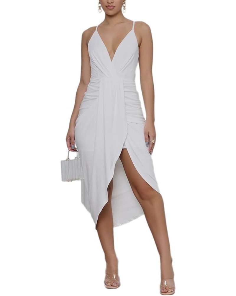 Women's V Neck Ruched Wrap Slit Hem Sleeveless Spaghetti Strap Midi Bodycon Dress White $19.14 Dresses