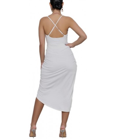 Women's V Neck Ruched Wrap Slit Hem Sleeveless Spaghetti Strap Midi Bodycon Dress White $19.14 Dresses