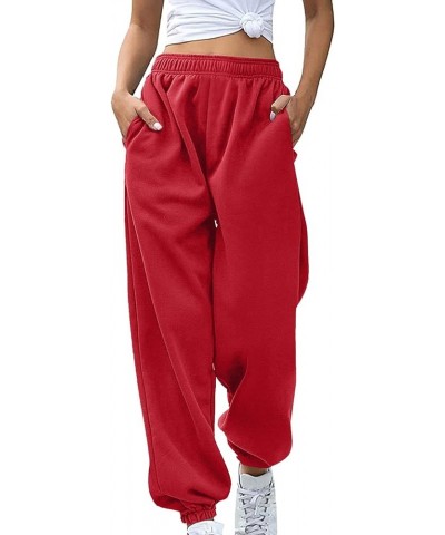 Womens Stretch Pants Elastic Waist Casual Loose Foot Fleece Sweatpants Women's Running Pants Flowy Pajama Pants Plus D-red $9...