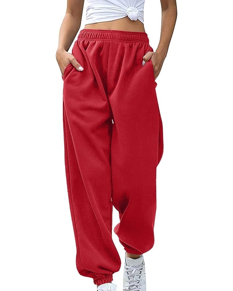 Womens Stretch Pants Elastic Waist Casual Loose Foot Fleece Sweatpants Women's Running Pants Flowy Pajama Pants Plus D-red $9...