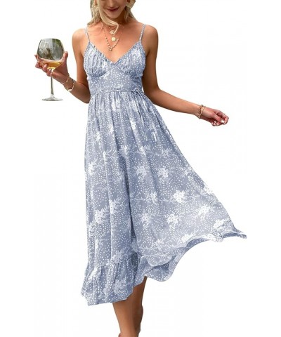 Women¡¯s Summer Spaghetti Strap V Neck Floral Smocked a Line Swing Midi Dress Sundress 01-blue $15.67 Dresses