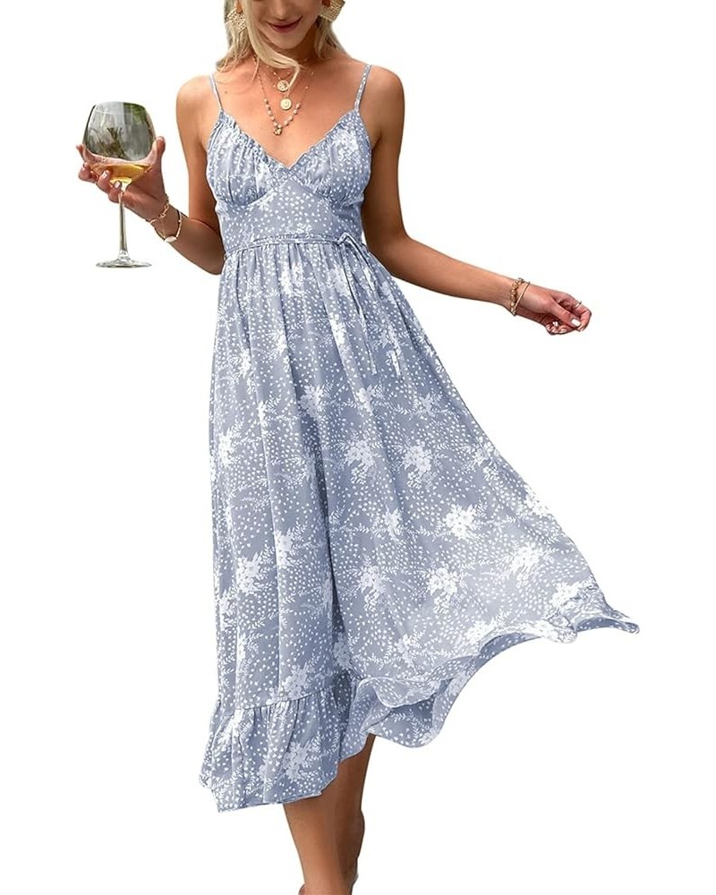 Women¡¯s Summer Spaghetti Strap V Neck Floral Smocked a Line Swing Midi Dress Sundress 01-blue $15.67 Dresses