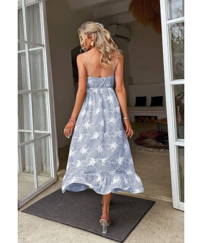 Women¡¯s Summer Spaghetti Strap V Neck Floral Smocked a Line Swing Midi Dress Sundress 01-blue $15.67 Dresses