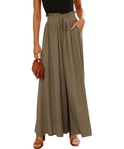 Women's Wide Leg Palazzo Pants Drawstring High Waist Pants Smocked Lounge Beach Pants Flax Green $15.99 Pants