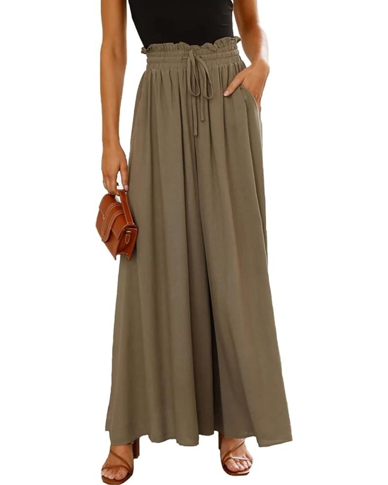 Women's Wide Leg Palazzo Pants Drawstring High Waist Pants Smocked Lounge Beach Pants Flax Green $15.99 Pants