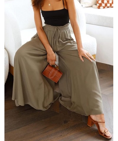 Women's Wide Leg Palazzo Pants Drawstring High Waist Pants Smocked Lounge Beach Pants Flax Green $15.99 Pants