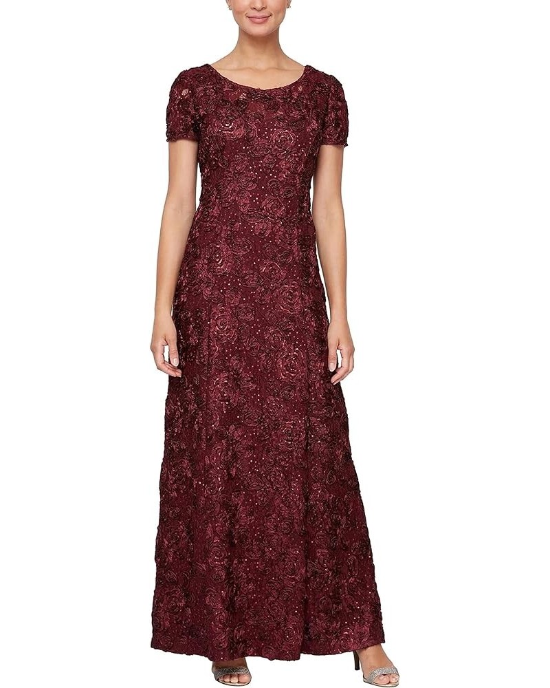 Women's Long Rosette Lace Cap Sleeve Gown Merlot $72.48 Dresses