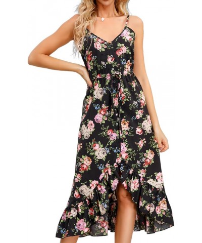 Women's Summer Casual Dresses Floral Spaghetti Strap V-Neck Sleeveless Button Down Flowy Midi Sun Dress Black Floral $17.55 D...