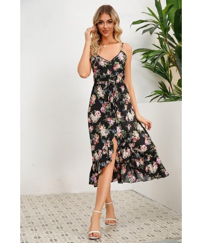 Women's Summer Casual Dresses Floral Spaghetti Strap V-Neck Sleeveless Button Down Flowy Midi Sun Dress Black Floral $17.55 D...