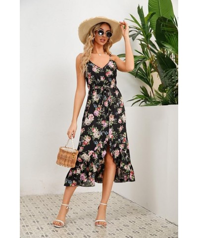 Women's Summer Casual Dresses Floral Spaghetti Strap V-Neck Sleeveless Button Down Flowy Midi Sun Dress Black Floral $17.55 D...