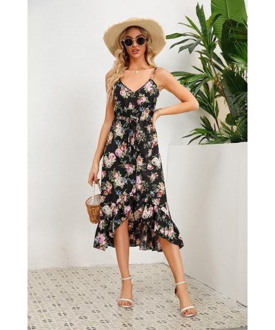 Women's Summer Casual Dresses Floral Spaghetti Strap V-Neck Sleeveless Button Down Flowy Midi Sun Dress Black Floral $17.55 D...