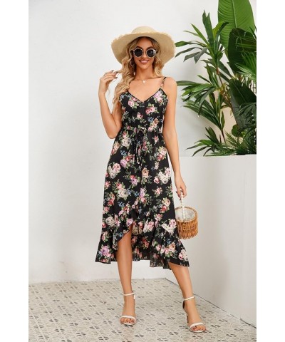 Women's Summer Casual Dresses Floral Spaghetti Strap V-Neck Sleeveless Button Down Flowy Midi Sun Dress Black Floral $17.55 D...