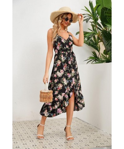 Women's Summer Casual Dresses Floral Spaghetti Strap V-Neck Sleeveless Button Down Flowy Midi Sun Dress Black Floral $17.55 D...