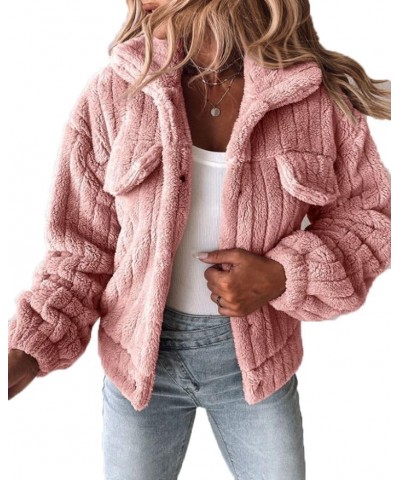 Women's Lapel Long Sleeve Button Down Fleece Fluffy Jacket Casual Cropped Fleece Coat Outwear with Pockets Pink $15.67 Jackets