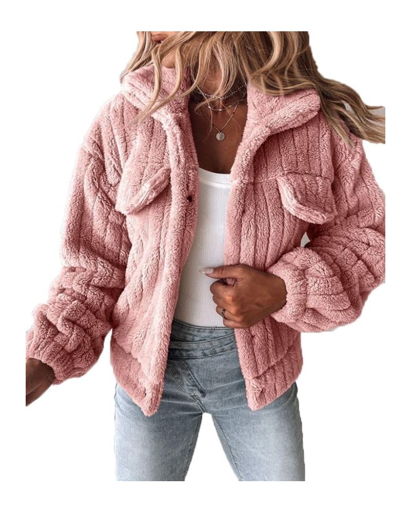 Women's Lapel Long Sleeve Button Down Fleece Fluffy Jacket Casual Cropped Fleece Coat Outwear with Pockets Pink $15.67 Jackets