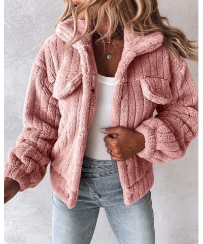 Women's Lapel Long Sleeve Button Down Fleece Fluffy Jacket Casual Cropped Fleece Coat Outwear with Pockets Pink $15.67 Jackets