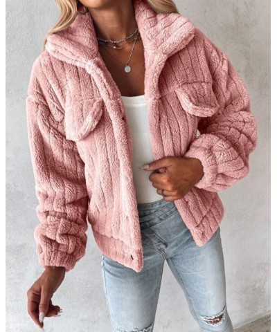 Women's Lapel Long Sleeve Button Down Fleece Fluffy Jacket Casual Cropped Fleece Coat Outwear with Pockets Pink $15.67 Jackets