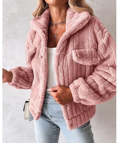 Women's Lapel Long Sleeve Button Down Fleece Fluffy Jacket Casual Cropped Fleece Coat Outwear with Pockets Pink $15.67 Jackets