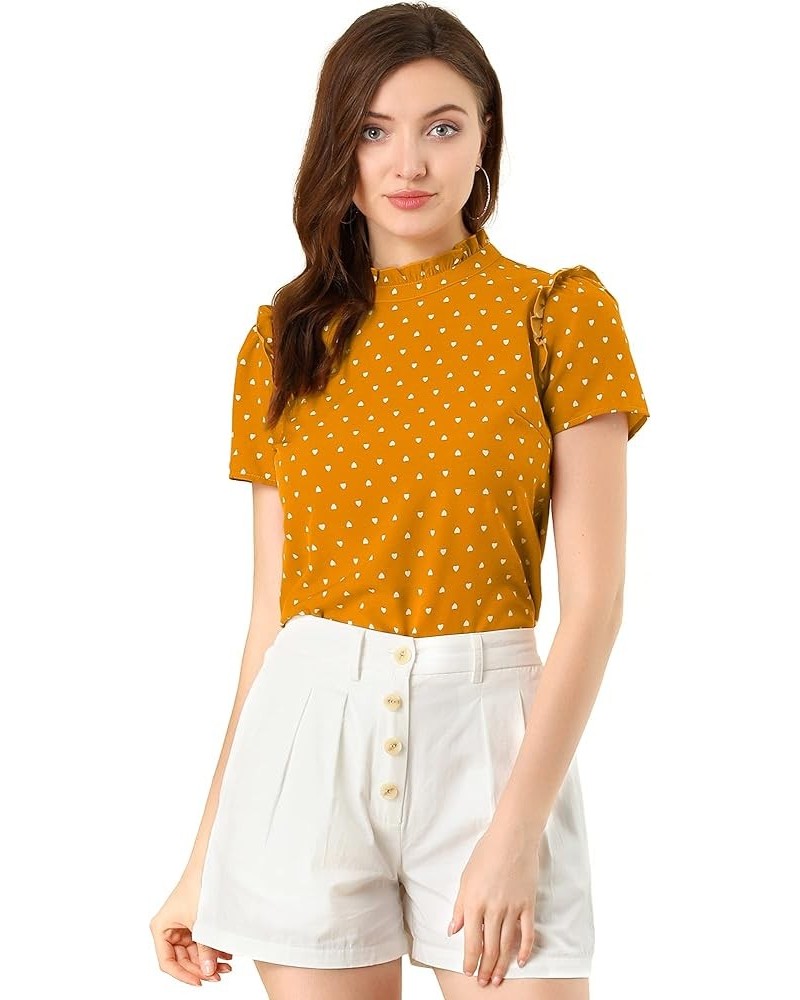 Women's Ruffled Retro Short Sleeve Office Polka Dots Blouse Tops Yellow $13.16 Blouses