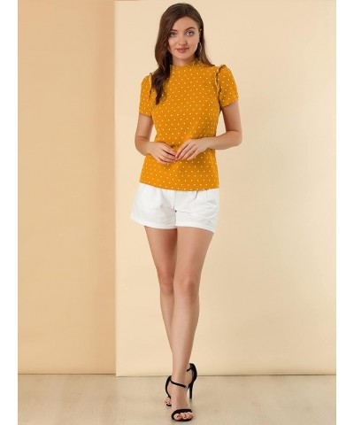 Women's Ruffled Retro Short Sleeve Office Polka Dots Blouse Tops Yellow $13.16 Blouses