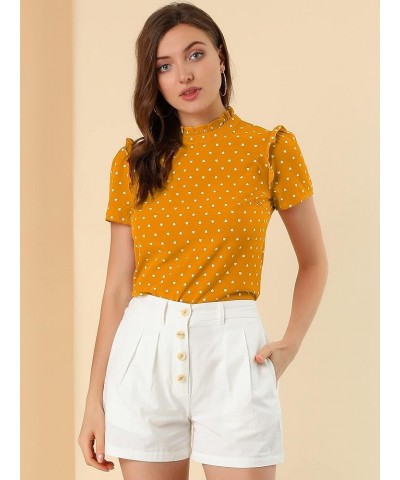 Women's Ruffled Retro Short Sleeve Office Polka Dots Blouse Tops Yellow $13.16 Blouses