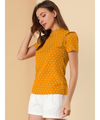 Women's Ruffled Retro Short Sleeve Office Polka Dots Blouse Tops Yellow $13.16 Blouses