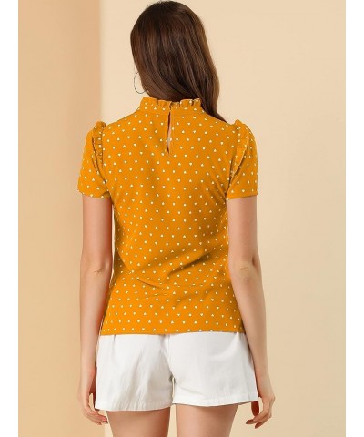 Women's Ruffled Retro Short Sleeve Office Polka Dots Blouse Tops Yellow $13.16 Blouses