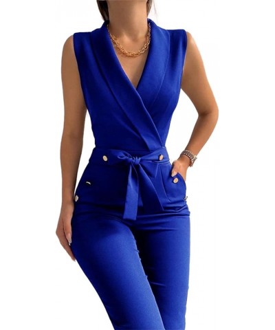 Women's One Piece Jumpsuit V Neck Sleeveless Button Open Front Blazer and Pant Business Suits Set Blue $27.02 Suits