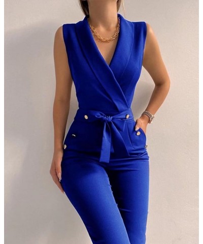 Women's One Piece Jumpsuit V Neck Sleeveless Button Open Front Blazer and Pant Business Suits Set Blue $27.02 Suits