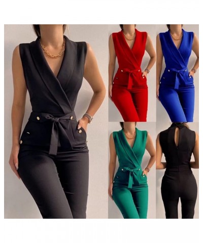 Women's One Piece Jumpsuit V Neck Sleeveless Button Open Front Blazer and Pant Business Suits Set Blue $27.02 Suits