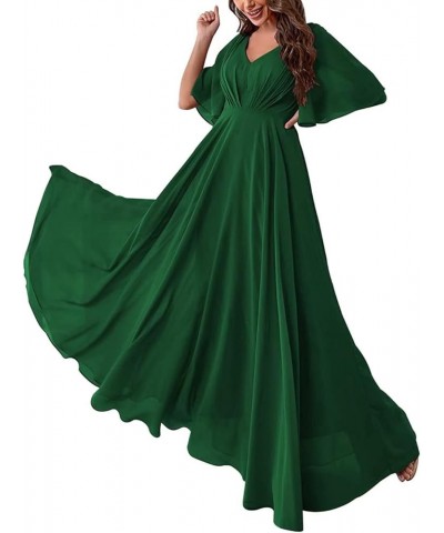 Bridesmaid Dresses with Sleeves Pleated Chiffon Prom Dresses V Neck Formal Wedding Evening Gowns for Women Emerald Green $36....