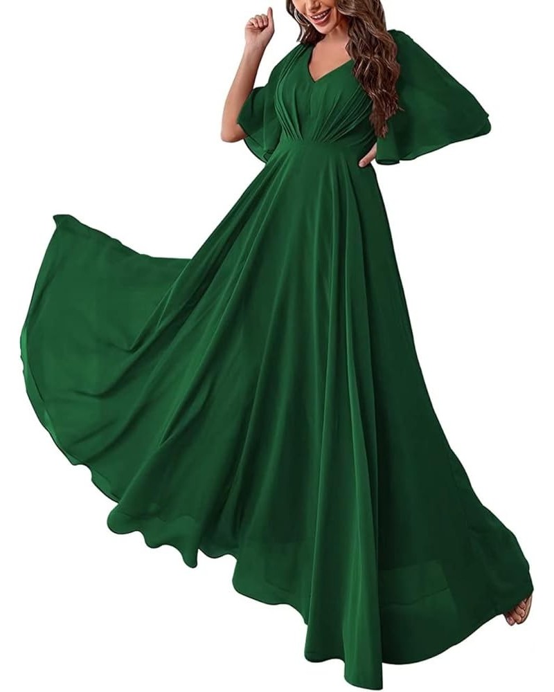 Bridesmaid Dresses with Sleeves Pleated Chiffon Prom Dresses V Neck Formal Wedding Evening Gowns for Women Emerald Green $36....