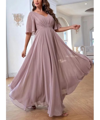 Bridesmaid Dresses with Sleeves Pleated Chiffon Prom Dresses V Neck Formal Wedding Evening Gowns for Women Emerald Green $36....